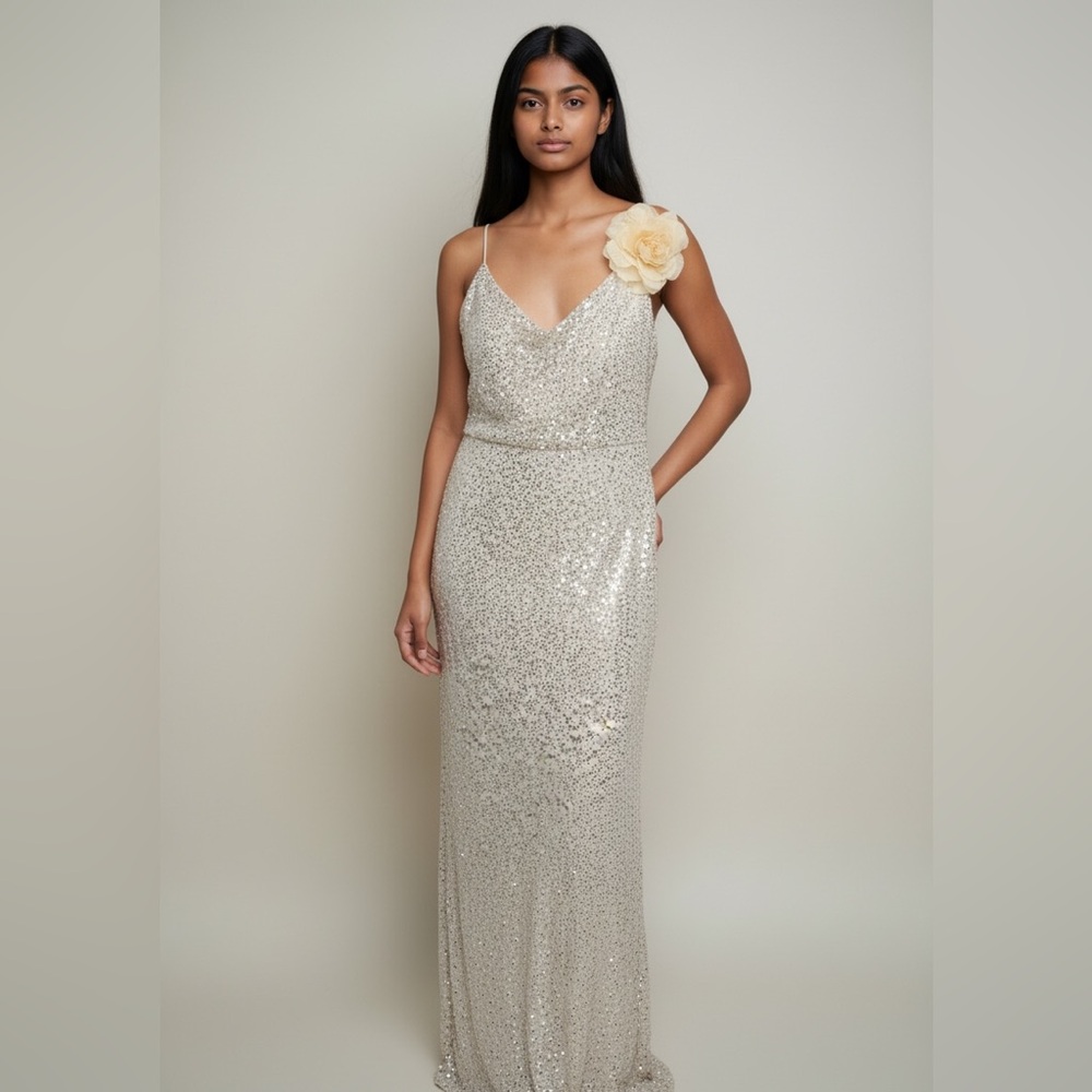 Sequin V-Neck Evening Gown with Floral Shoulder Accent - Cream